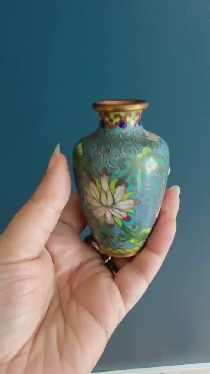 Small Blue and Pastel Cloisonné Vase with Lotus - Vintage Brass Enamel Lotus Vase