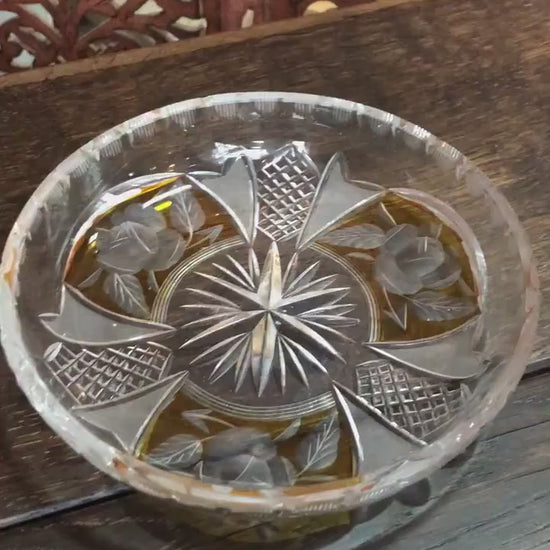 Czech Bohemian Amber Cut to Clear Glass Ashtray - Vintage Yellow Clear Crystal