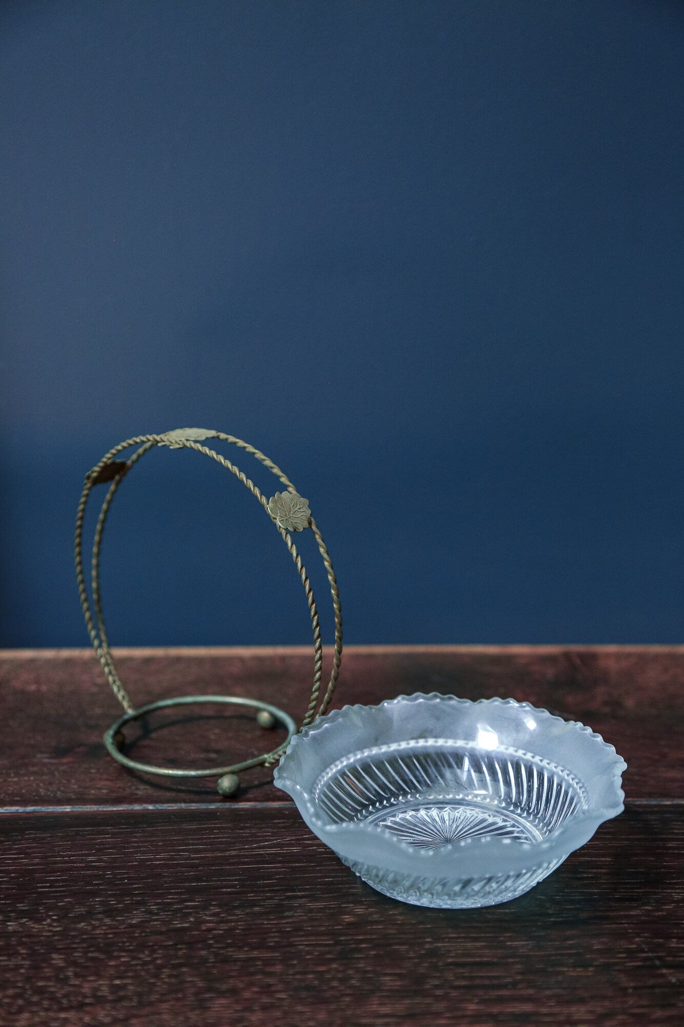 Cut and Frosted Glass Bowl with Brass Basket Style Base