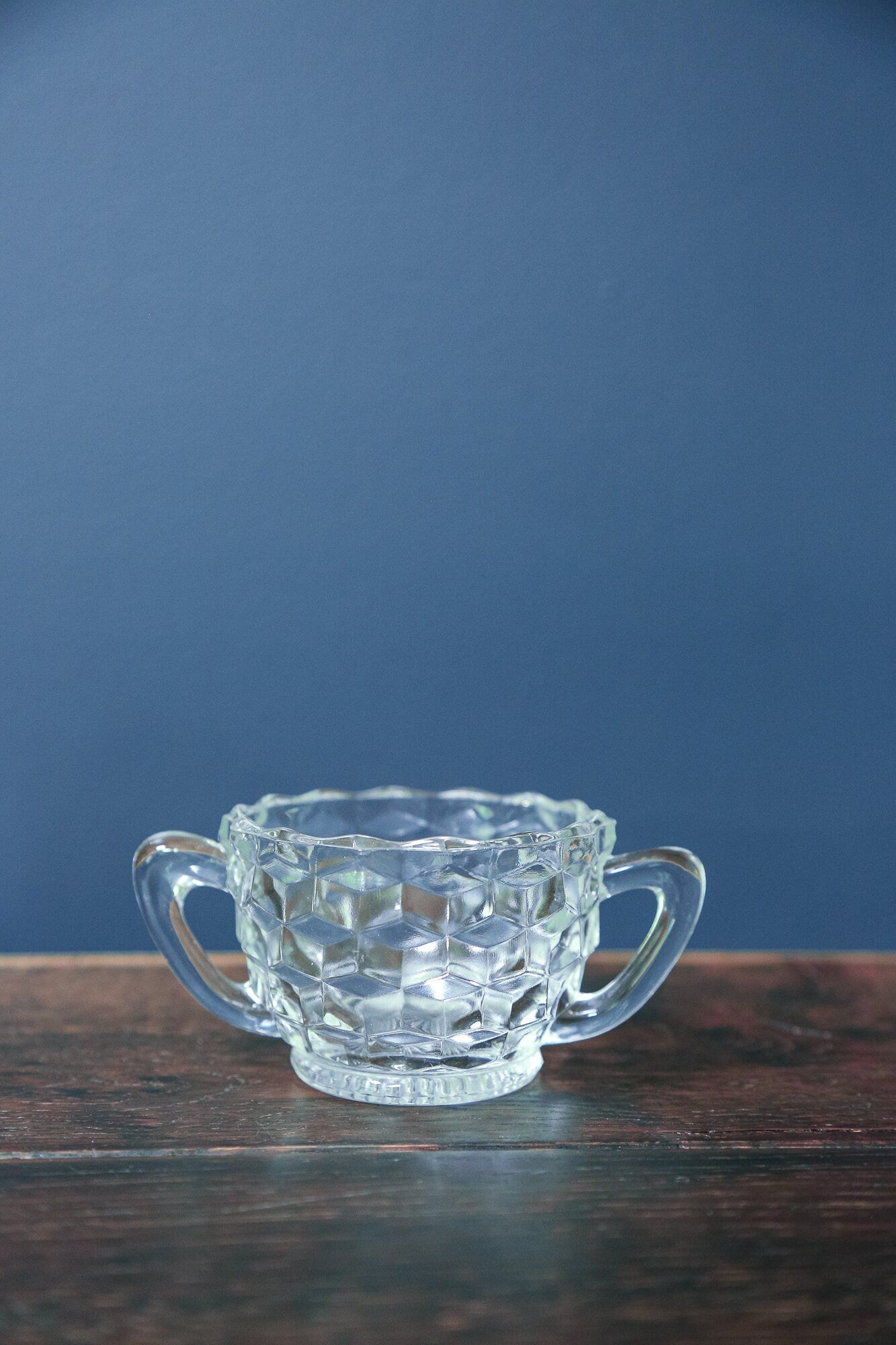 Geometric Cut Glass Bowl with Handles - Vintage Fostoria American Clear Sugar Bowl with Handles