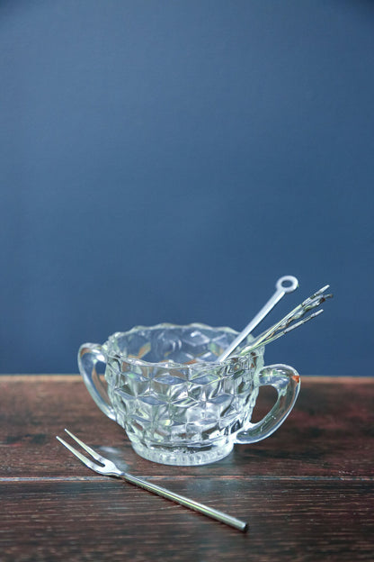 Geometric Cut Glass Bowl with Handles - Vintage Fostoria American Clear Sugar Bowl with Handles