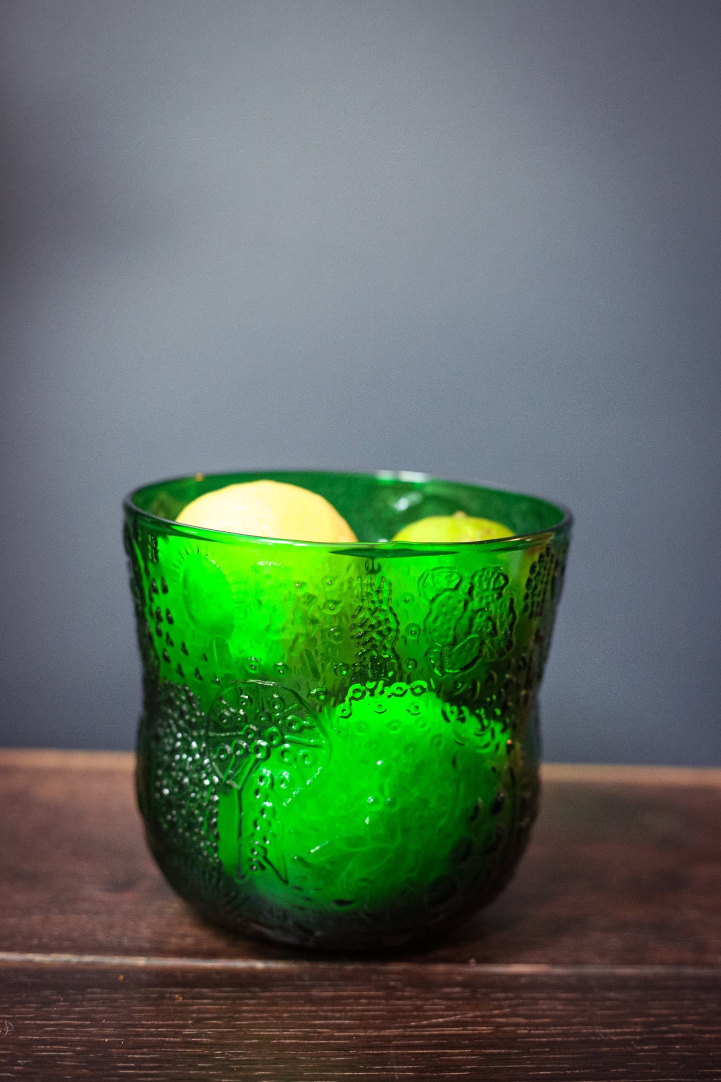 Iittala of Finland Ice Bucket Bowl in Green Glass with Raised Fauna Design - Midcentury Modern Green Glass Bowl