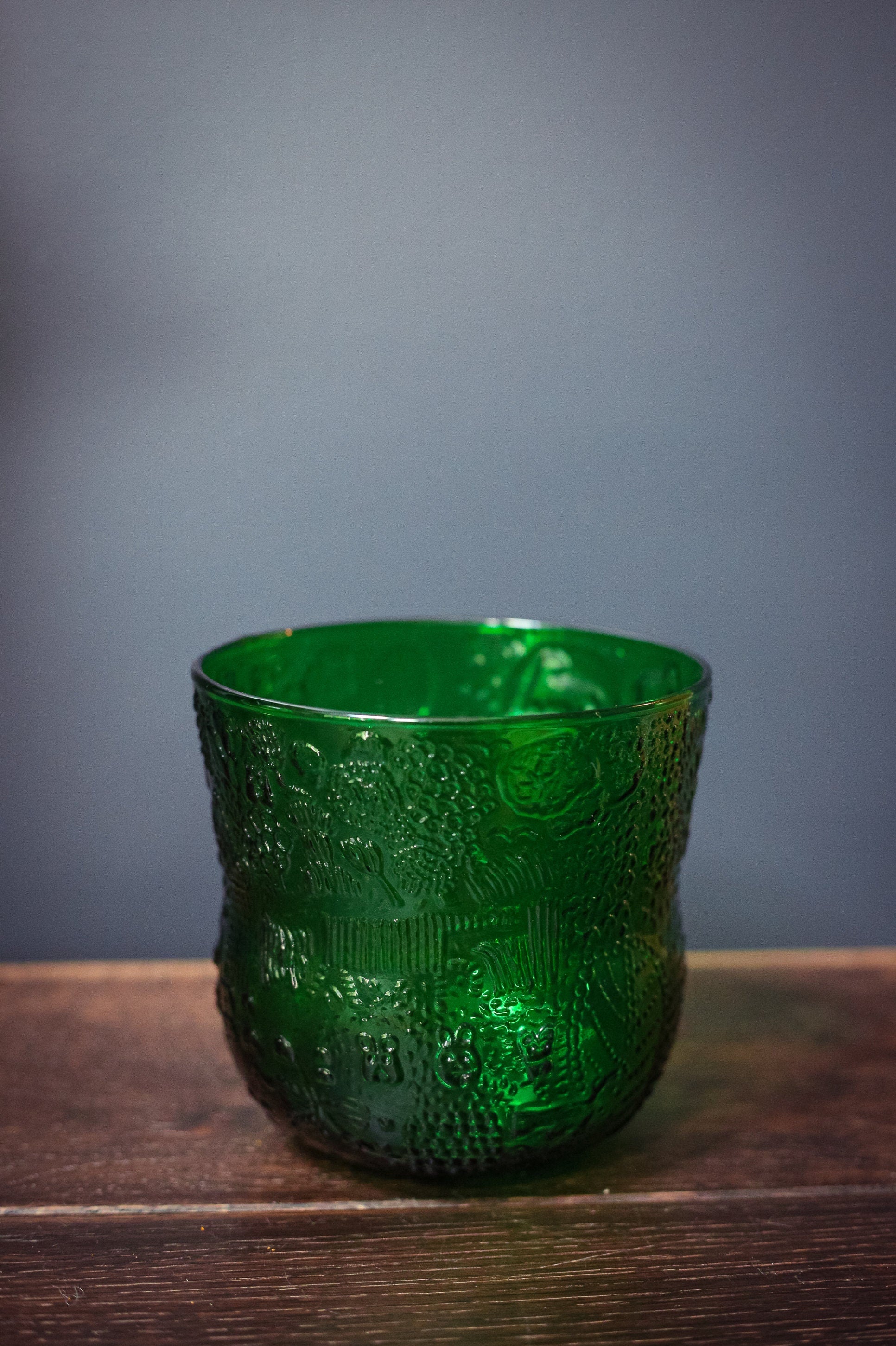 Iittala of Finland Ice Bucket Bowl in Green Glass with Raised Fauna Design - Midcentury Modern Green Glass Bowl