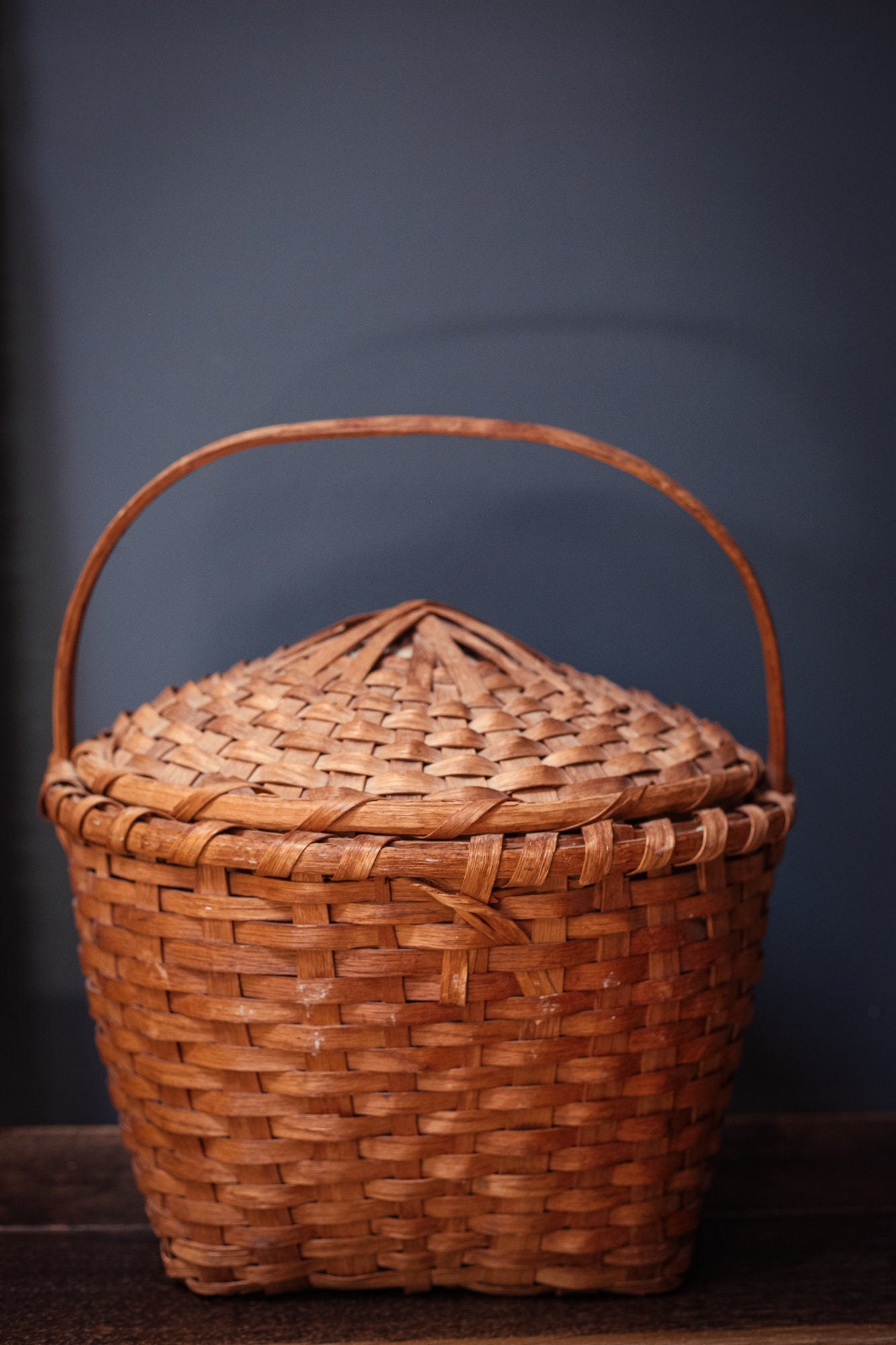 Extra Large Square to Round Shaker Style Lidded Basket with Bent Wood Handle & Lid - Antique Woven Wood Splint Basket with Lid