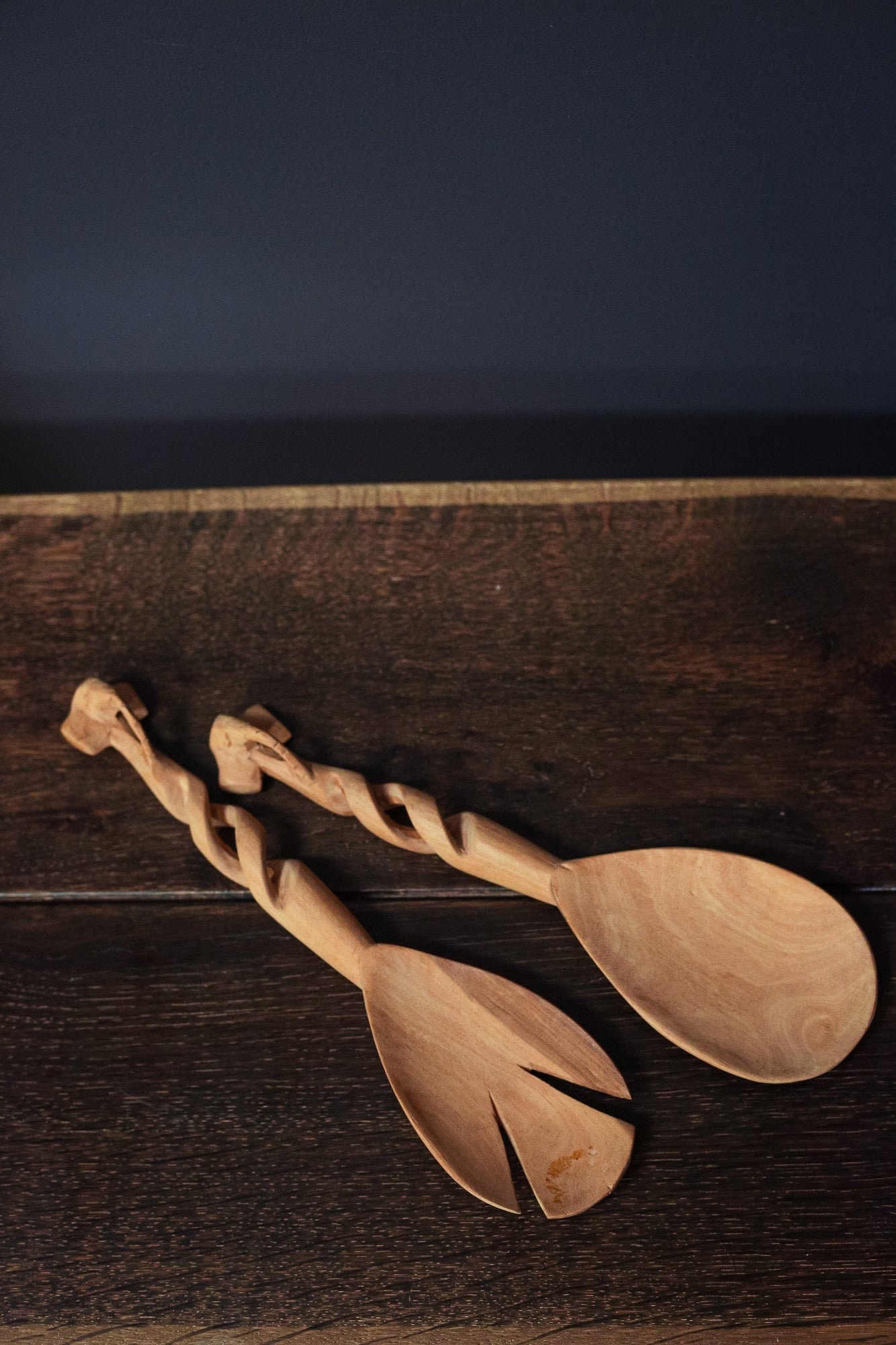Wood Hand Carved Elephant Spiral Serving Set - Vintage Safari Spoon/ Ladle/ Salad Servers
