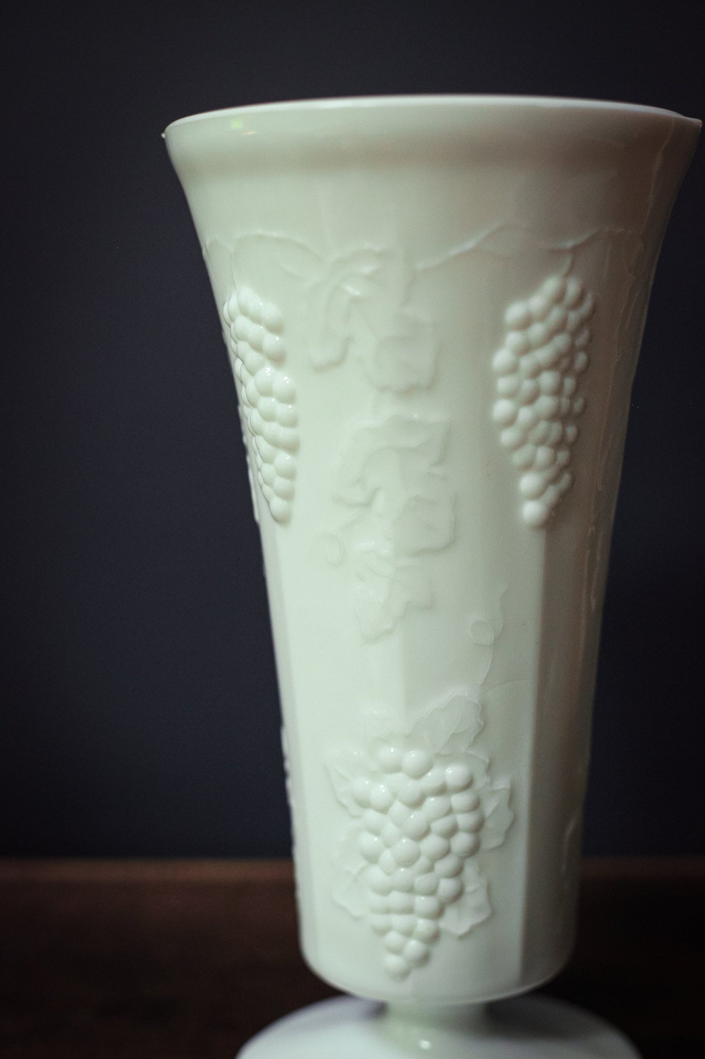 Milk Glass Depression Glass Vase with Grape Clusters & Leaves Pattern - Milkglass Colony Harvest Footed Vase