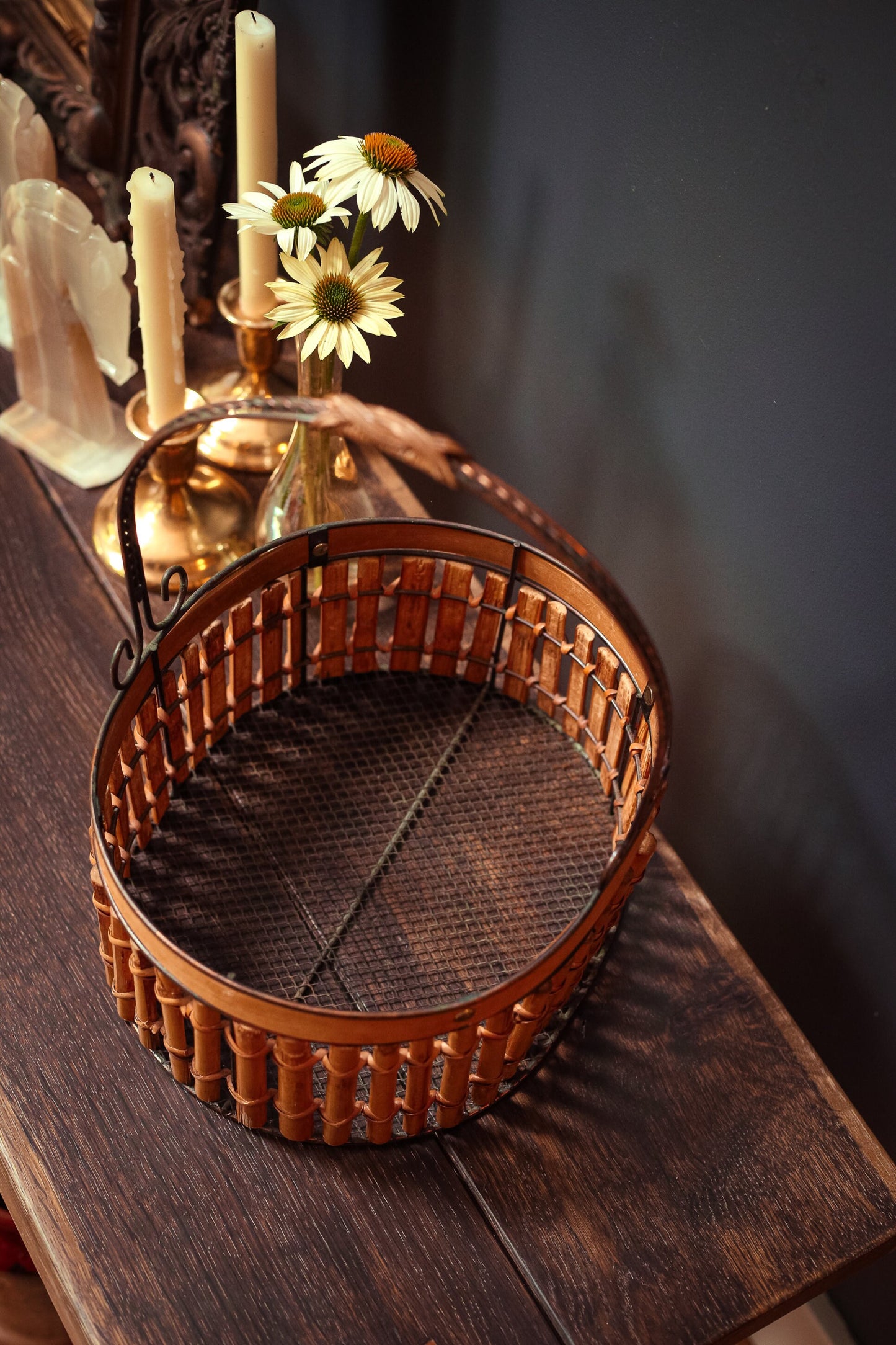 Wire Bamboo Oval Flat Bottom Basket - Boho South Asian Basket Decor