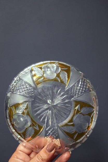 Clear and Yellow Cut Glass Ring Dish - Midcentury Modern Vintage Leaded Glass Dish Ash Tray