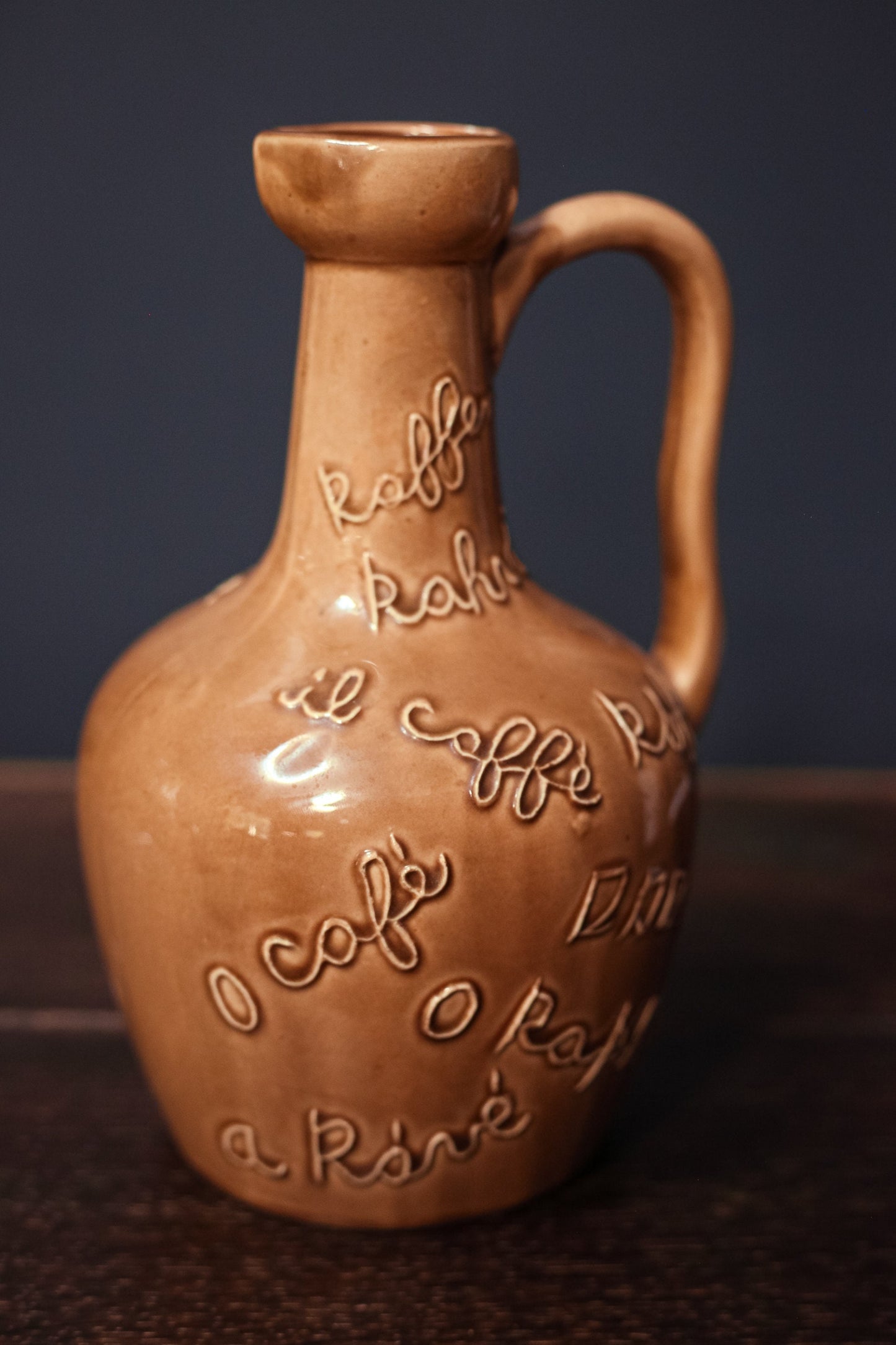 Taupe Ceramic Jug with Coffee in Multiple Languages - Vintage Ceramic Coffee Pitcher