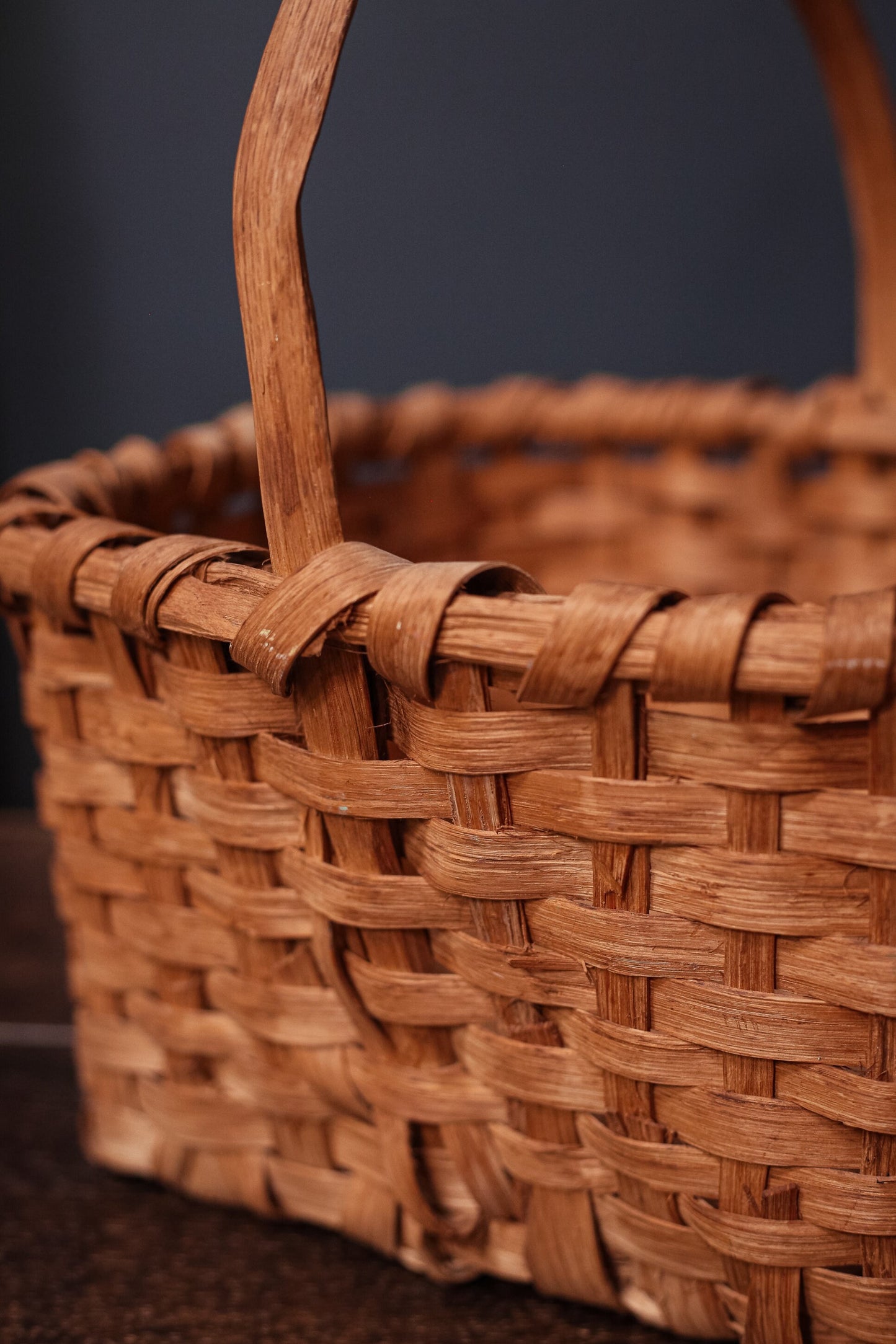 Square to Rounded Rectangle Flat Bottom Splint Wood Basket with Bent Wood Handle - Vintage Farmhouse Knitting/Gathering Basket