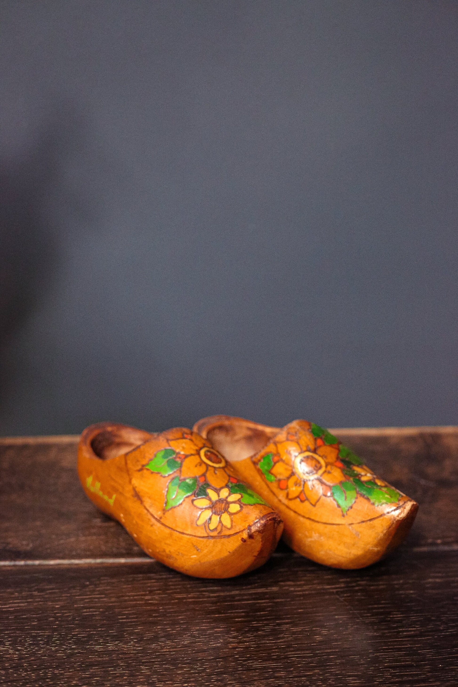 Vintage Sunflower Carved/Painted Wooden Clogs from Holland set of 2 - Pair of Dutch Sunflower Painted Wood Clogs