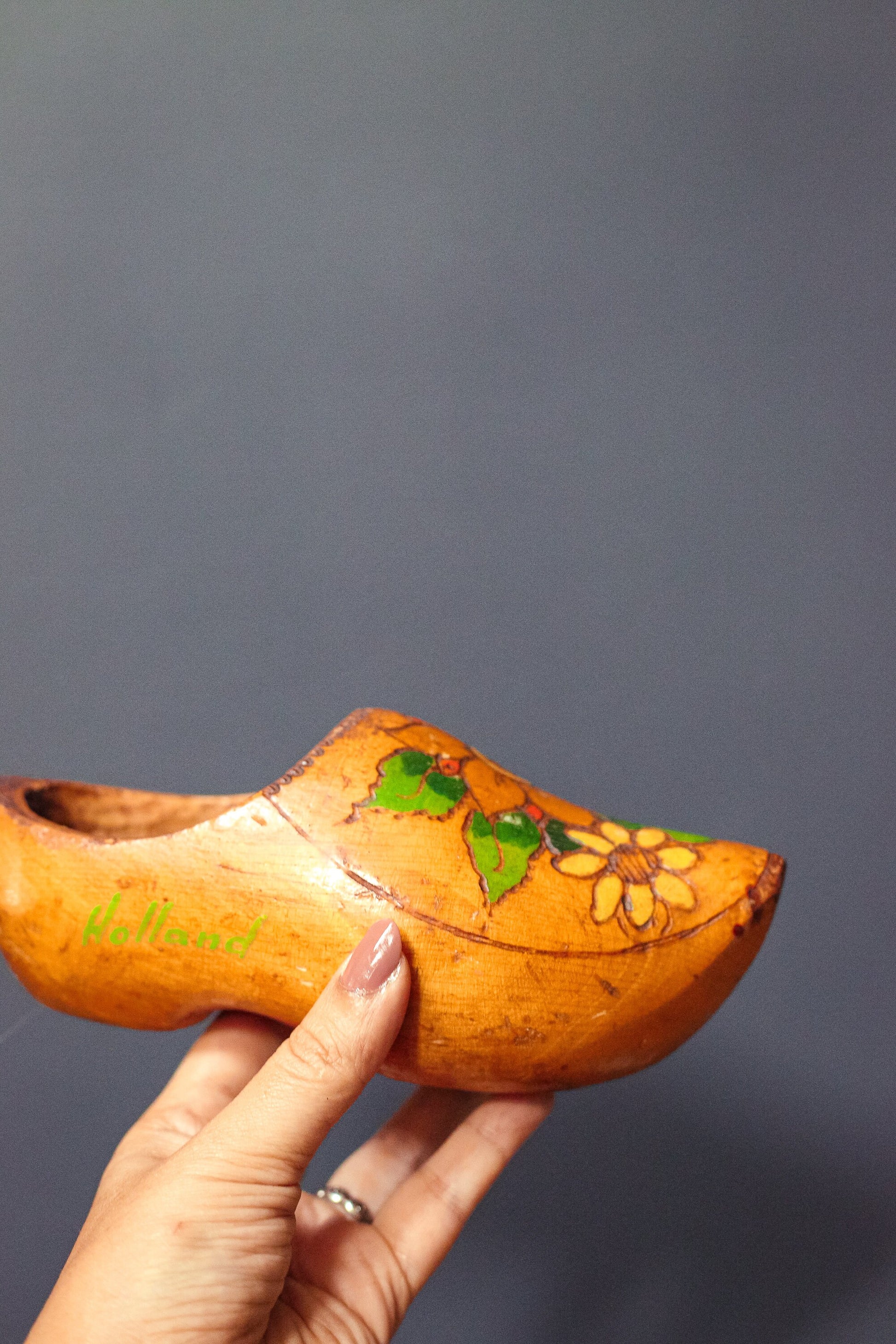 Vintage Sunflower Carved/Painted Wooden Clogs from Holland set of 2 - Pair of Dutch Sunflower Painted Wood Clogs