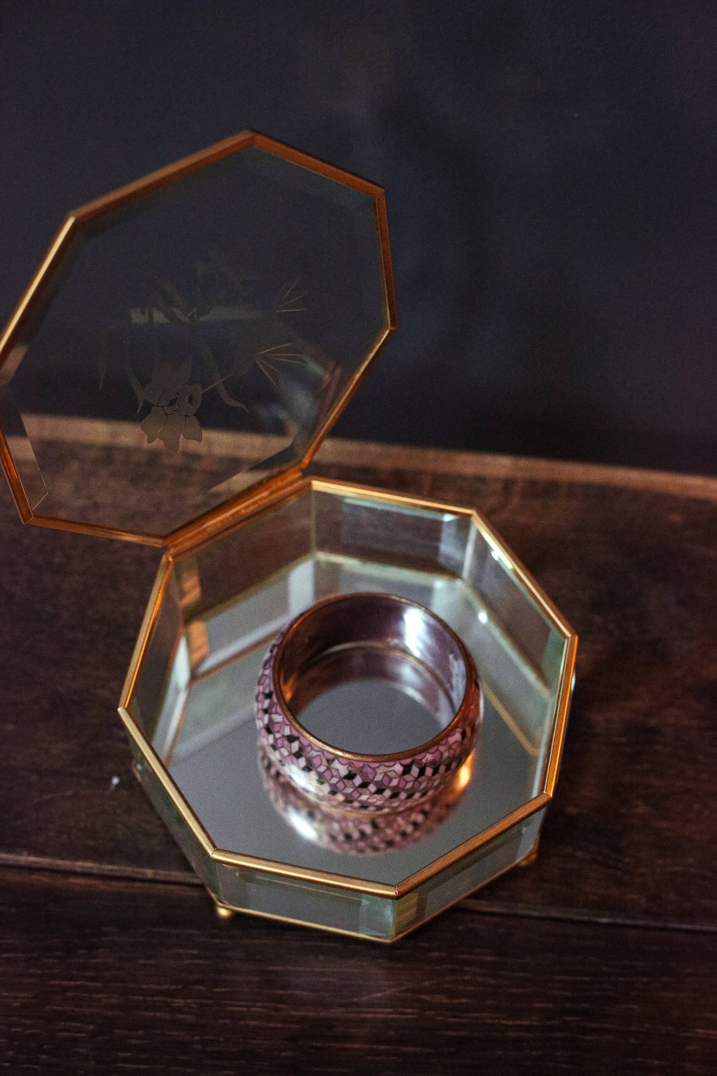 Vintage Cloisonne Geometric Patterned Bangle Brass Enamel Bracelet - Purple/Mauve/Pink Enameled Brass Wrist Cuff Collectible Jewelry