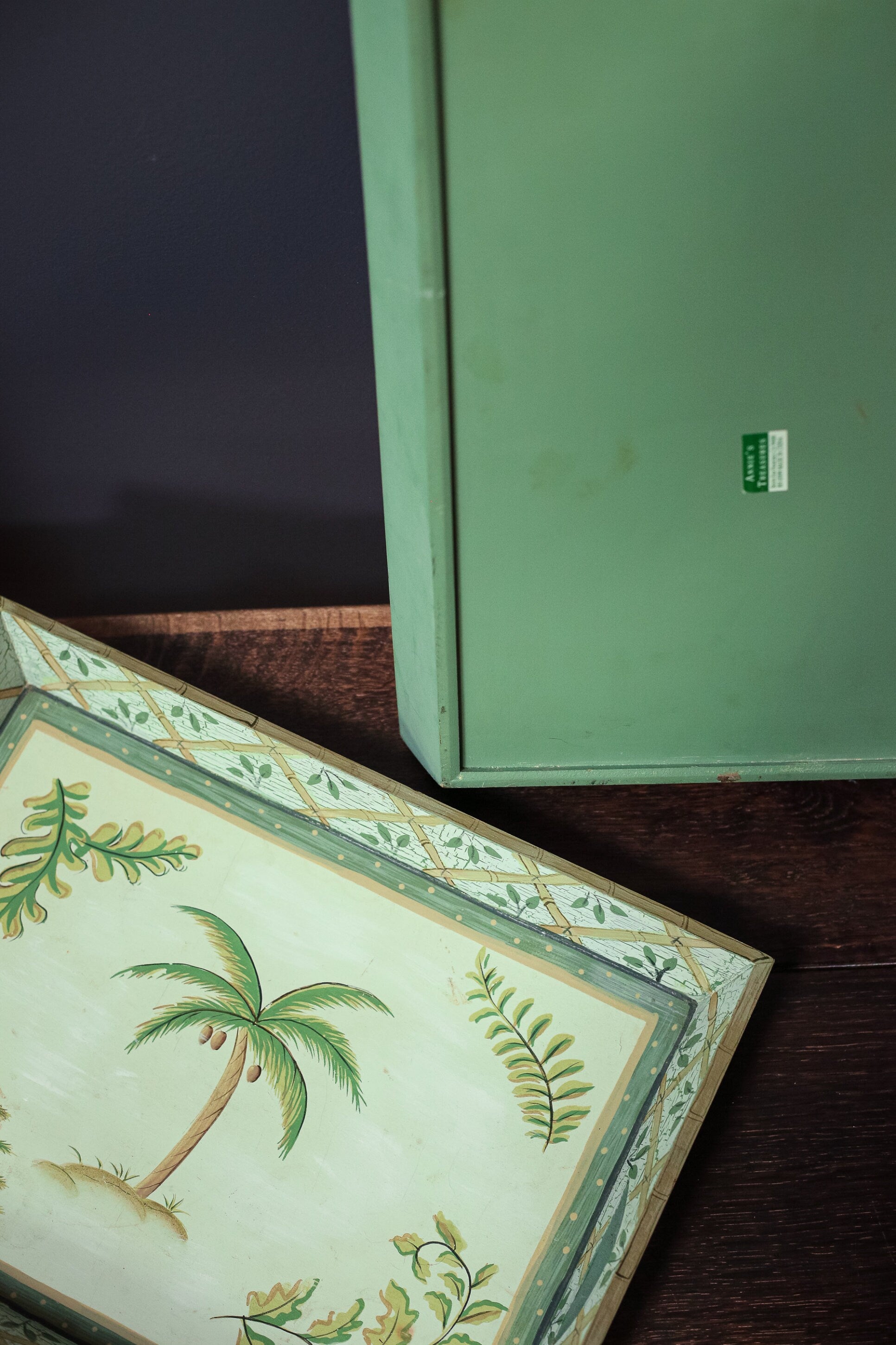 Set of Two Palm Tree and Bamboo Green Nesting Trays - Pair of Decorative Wood Serving Trays with Handles