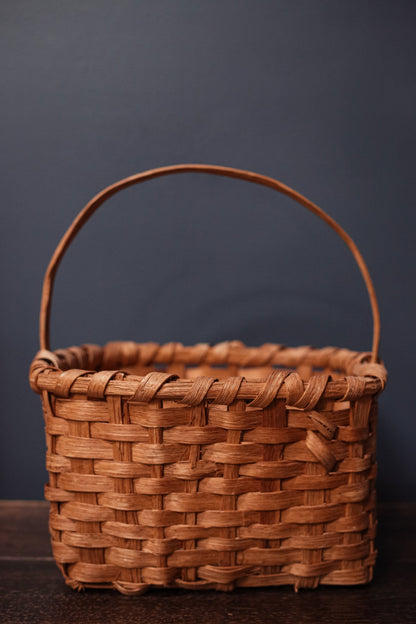 Square to Rounded Rectangle Flat Bottom Splint Wood Basket with Bent Wood Handle - Vintage Farmhouse Knitting/Gathering Basket