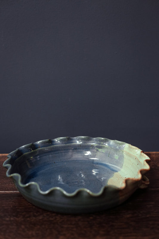 Ruffle Edge Pie Dish with Shades of Blue Palmer Signed Ceramic Pie Plate - Speckled Blue Gradient Palmer Studio Ceramic Pie Platter
