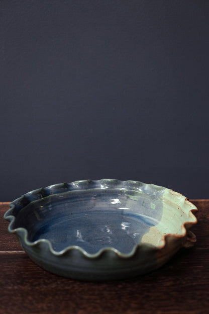Ruffle Edge Pie Dish with Shades of Blue Palmer Signed Ceramic Pie Plate - Speckled Blue Gradient Palmer Studio Ceramic Pie Platter