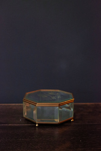 Etched Glass & Brass Octagon Mirrored Jewelry Box with Hummingbird Design - Octagonal Beveled Glass Jewelry Box with Mirror