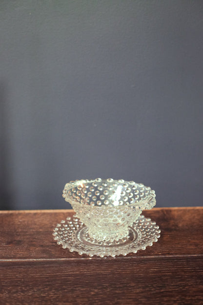 Clear Hobnail Bowl with Handles and Matching Glass Dish - Dot Depression Glass Candy Dish & Saucer
