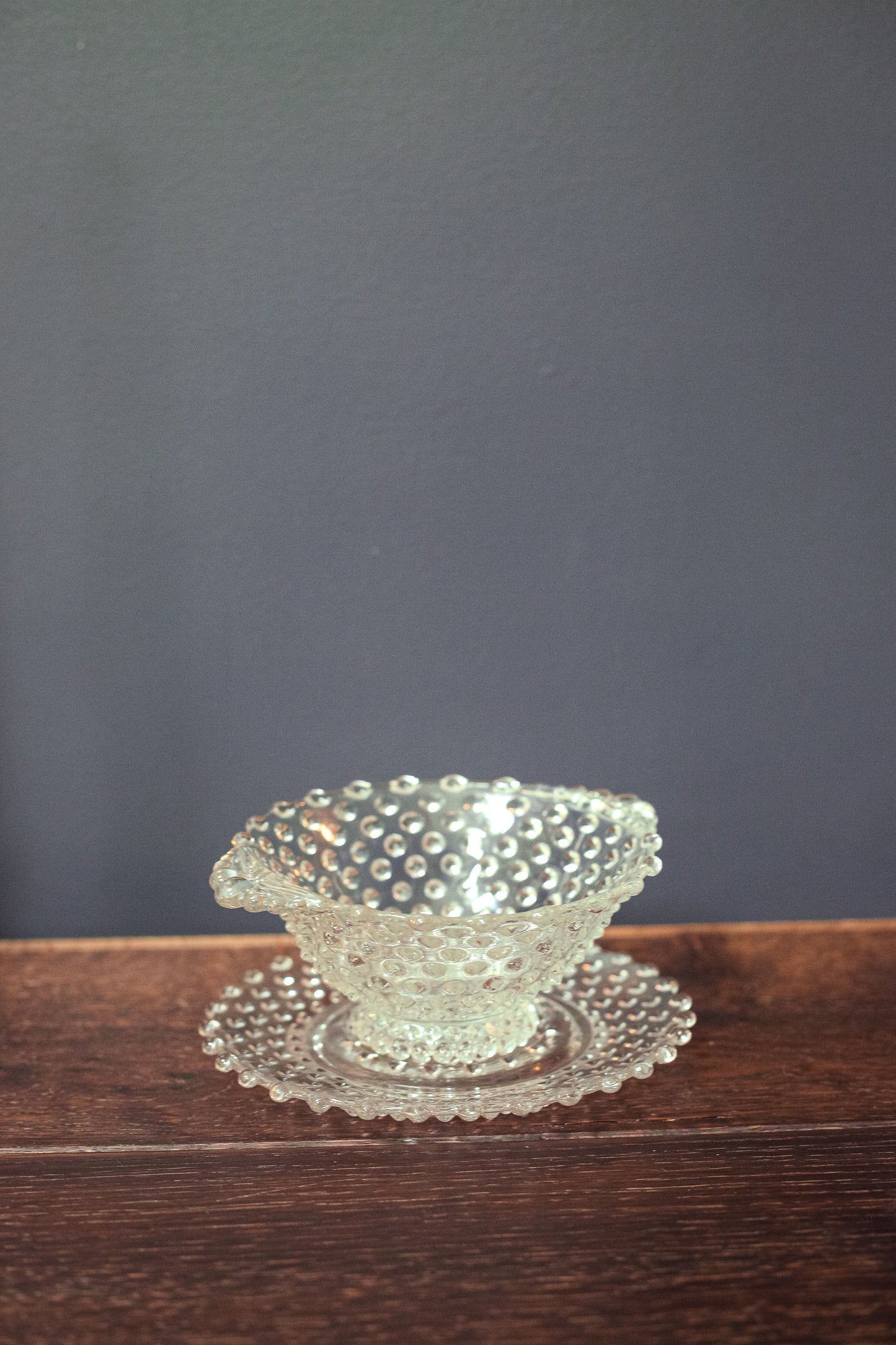Clear Hobnail Bowl with Handles and Matching Glass Dish - Dot Depression Glass Candy Dish & Saucer