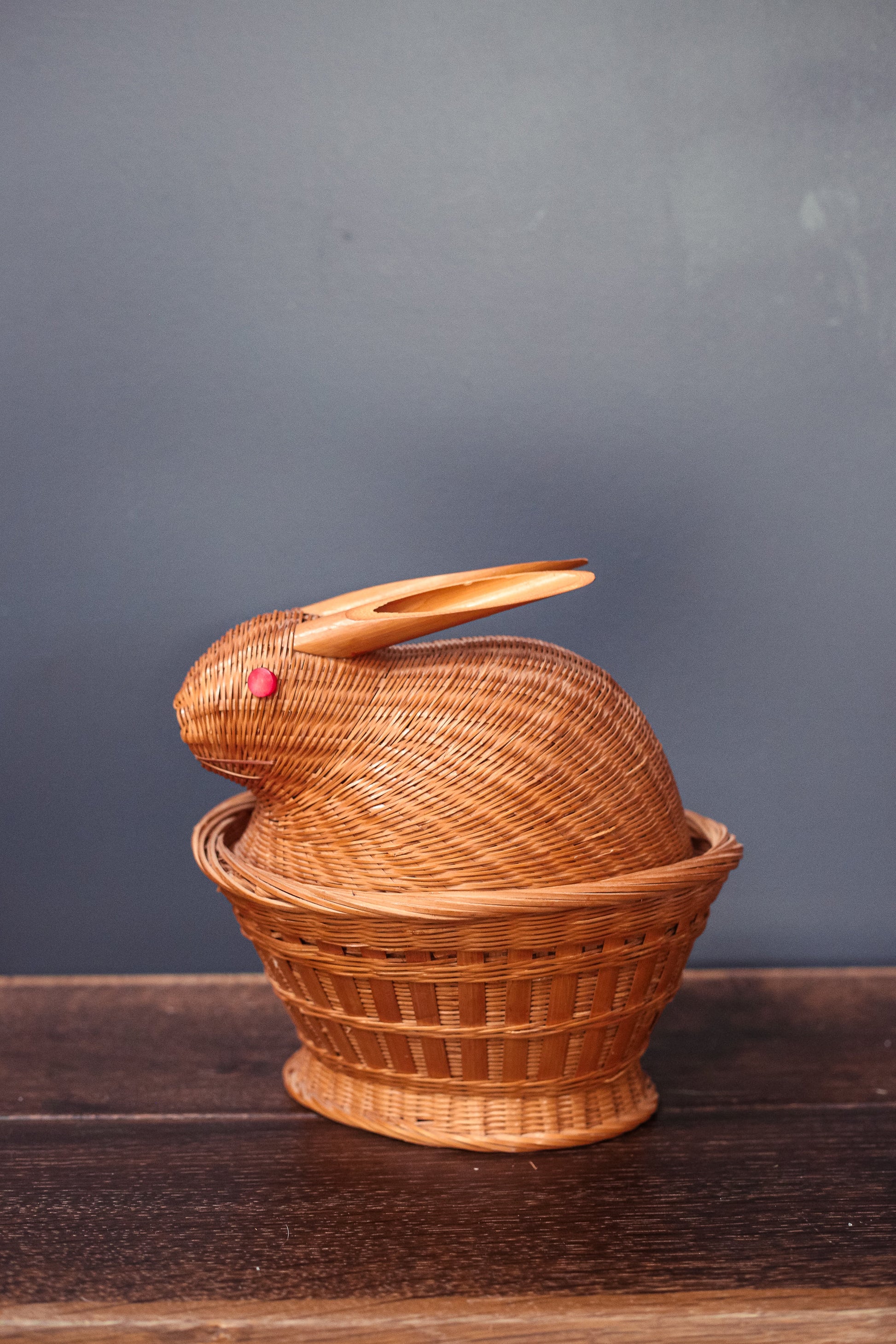 Rabbit Shaped Wicker/Rattan Basket with Lid - Vintage Two Piece Decorative Bunny Basket