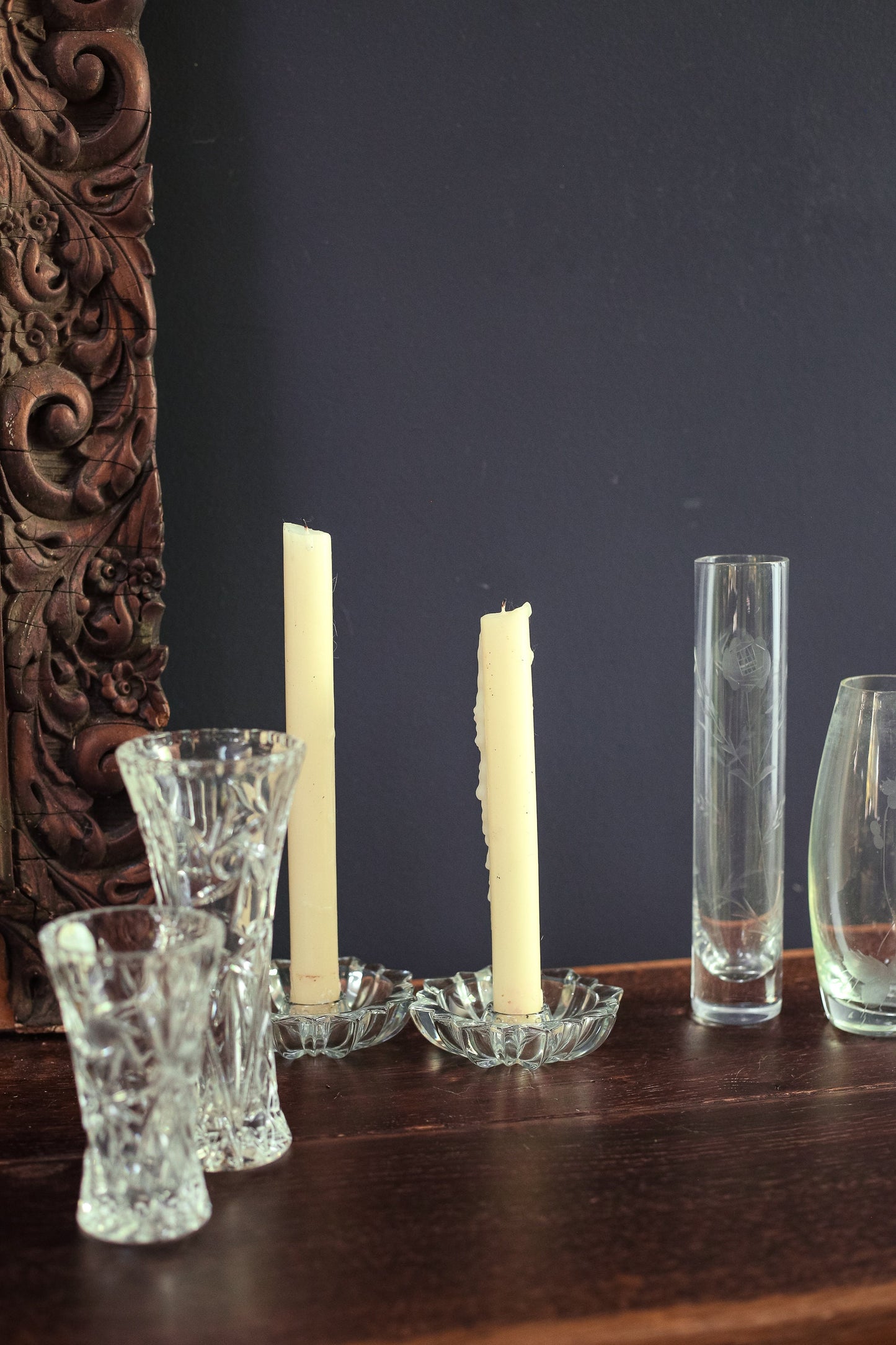 Pair of Crystal Starburst Candle Bases - Low Star Shaped Crystal Taper Candle Holder