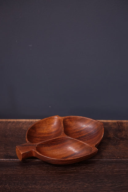 Midcentury Modern Divided Leaf Shaped Wooden Bowl - Vintage Carved MCM Teak Wood Snack Bowl