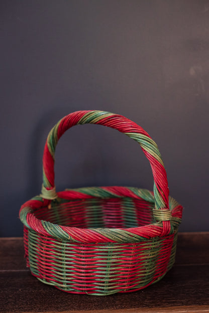 Red & Green Candy Cane Stripe Wicker/Rattan Christmas Basket - Vintage Basket Holiday Decor
