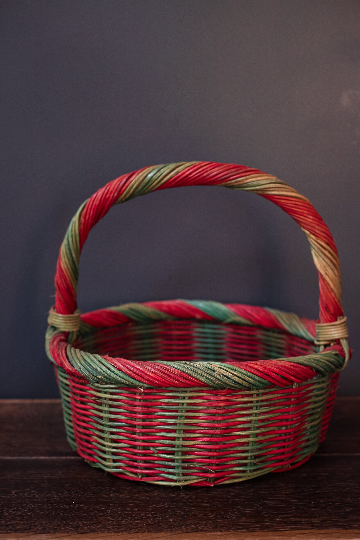 Red & Green Candy Cane Stripe Wicker/Rattan Christmas Basket - Vintage Basket Holiday Decor