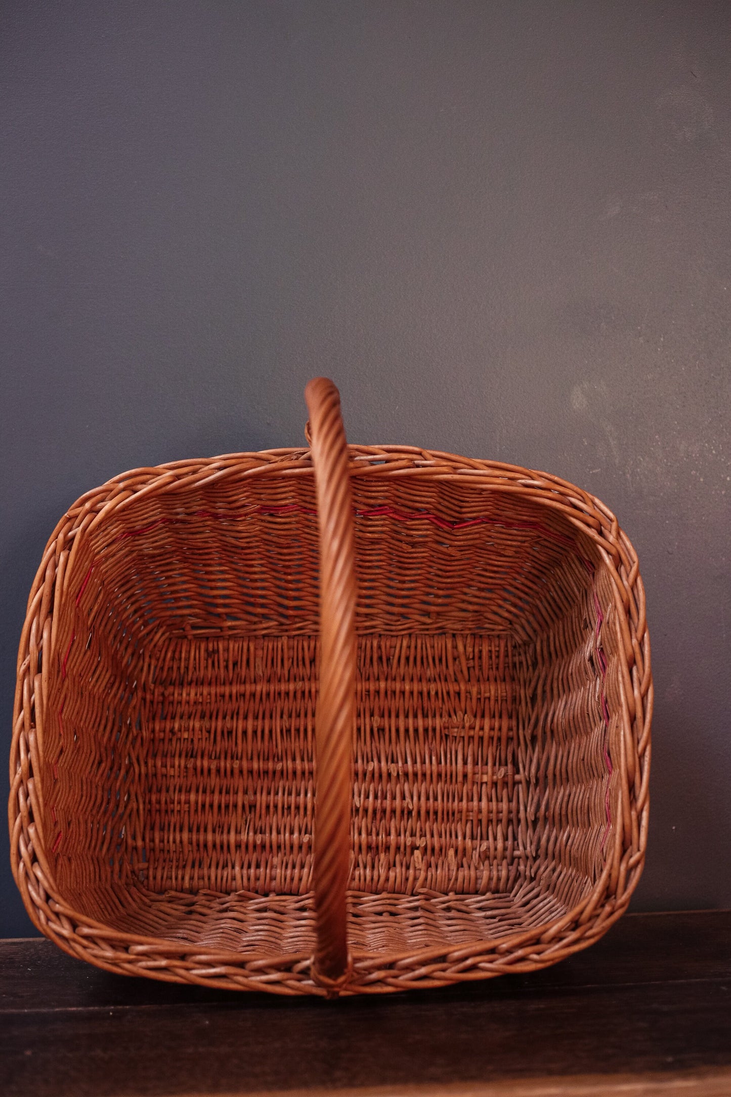 Red Stripe Wicker Rattan Rectangular Flat Bottom Gathering Basket - Large Vintage Rattan Harvest Basket with Handle