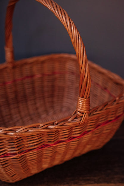 Red Stripe Wicker Rattan Rectangular Flat Bottom Gathering Basket - Large Vintage Rattan Harvest Basket with Handle