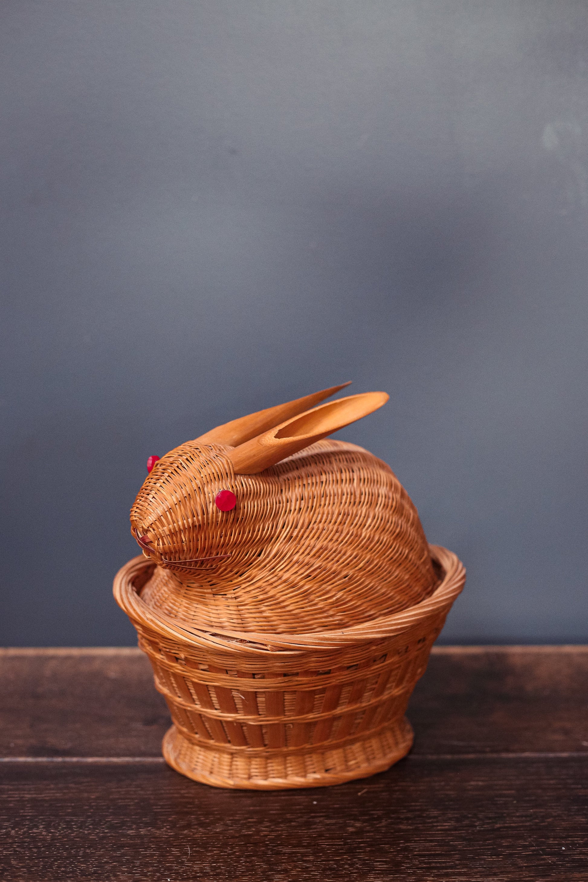 Rabbit Shaped Wicker/Rattan Basket with Lid - Vintage Two Piece Decorative Bunny Basket