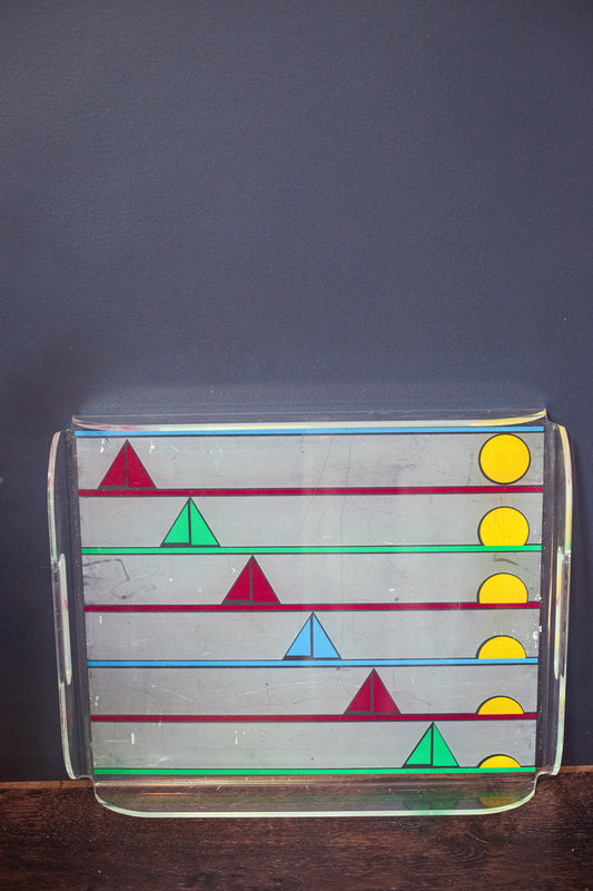 Lucite Midcentury Modern Sailboat and Sunrise Tray - Modern Minimal Frosted Acrylic Lucite Clear Multicolor Serving Tray