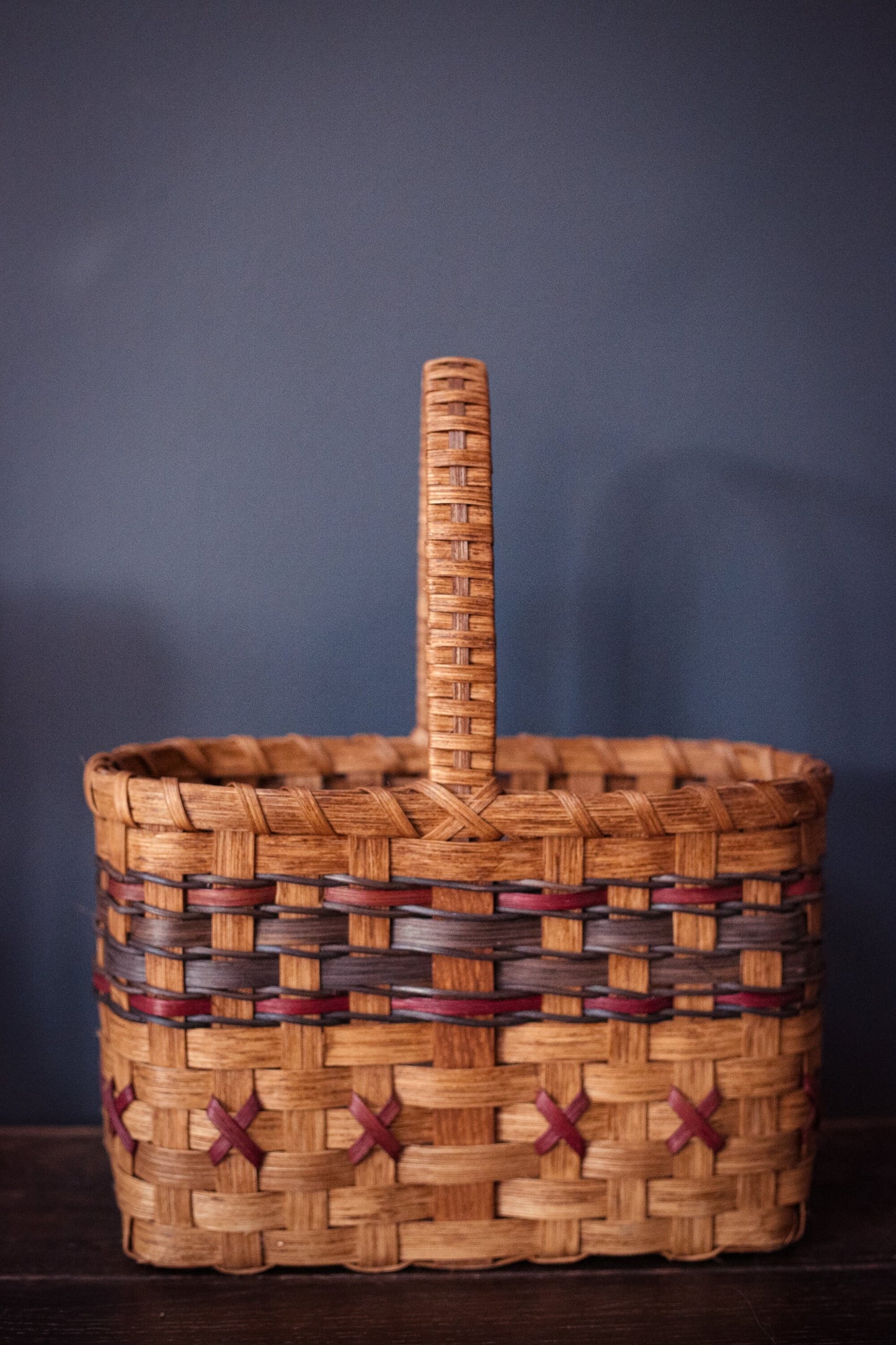 Narrow Rectangular Flat Bottom Dyed Splint Basket with Wood Handle and Red/Blue, Braided Accent - Woven Wood Amish Style Knitting Basket