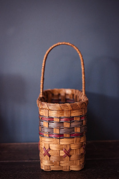 Narrow Rectangular Flat Bottom Dyed Splint Basket with Wood Handle and Red/Blue, Braided Accent - Woven Wood Amish Style Knitting Basket