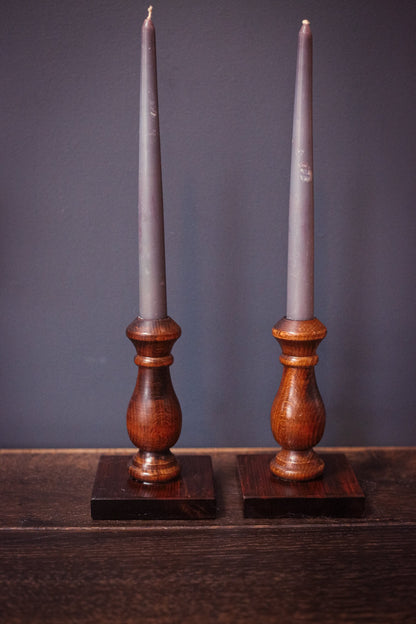 Pair of Hand Carved Wooden Candle Holders - Wood Taper/Candlestick Holder