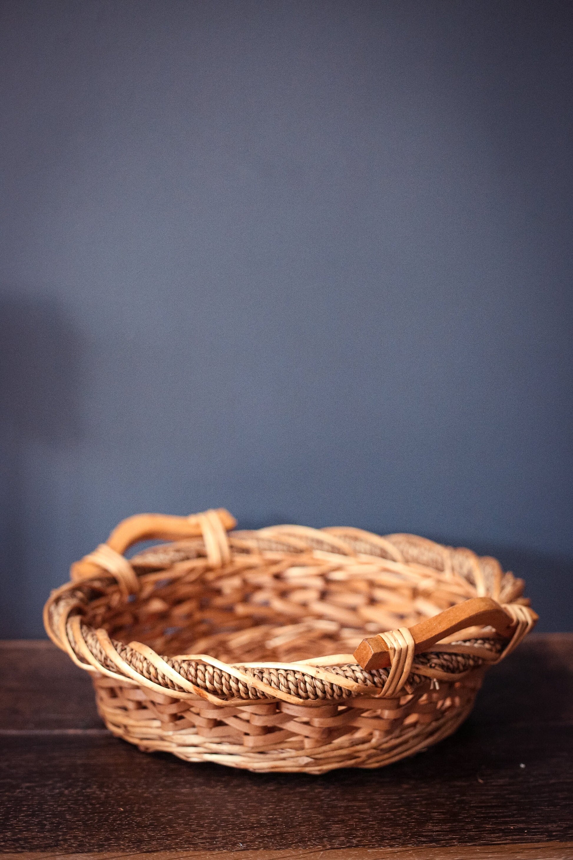 Oval Flat Bottom Decorative Basket with Spiral Rope Edge & Wood Handles - Vintage Blonde Toned Basket