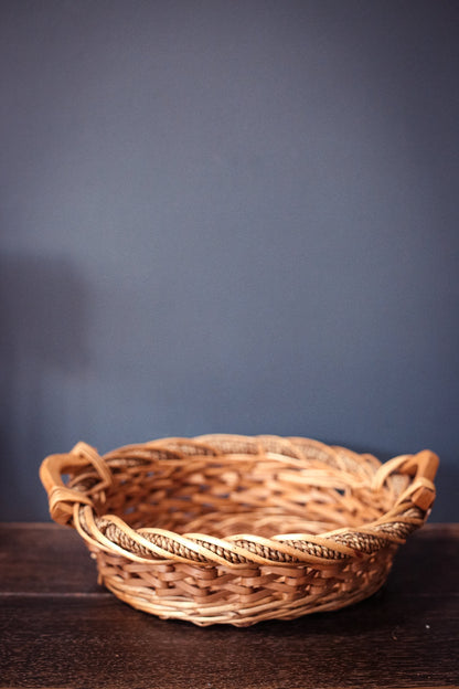 Oval Flat Bottom Decorative Basket with Spiral Rope Edge & Wood Handles - Vintage Blonde Toned Basket