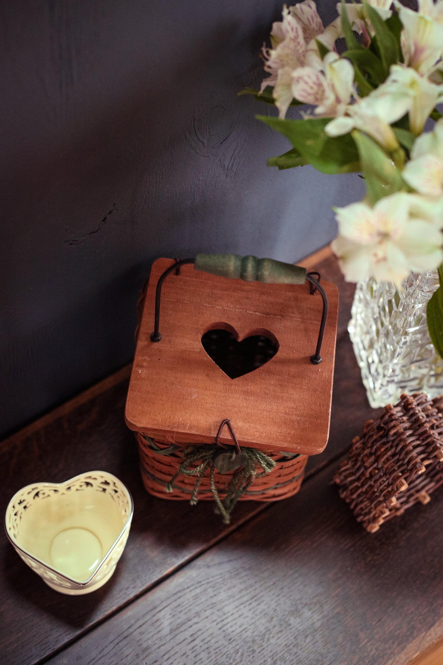 Wicker Rattan Tissue Basket with Heart Details and Handle - Small Lidded Basket with Green Accents & Handle