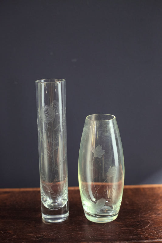 Pair of Floral Etched Crystal Vases - Set of 2 Etched Glass Vases
