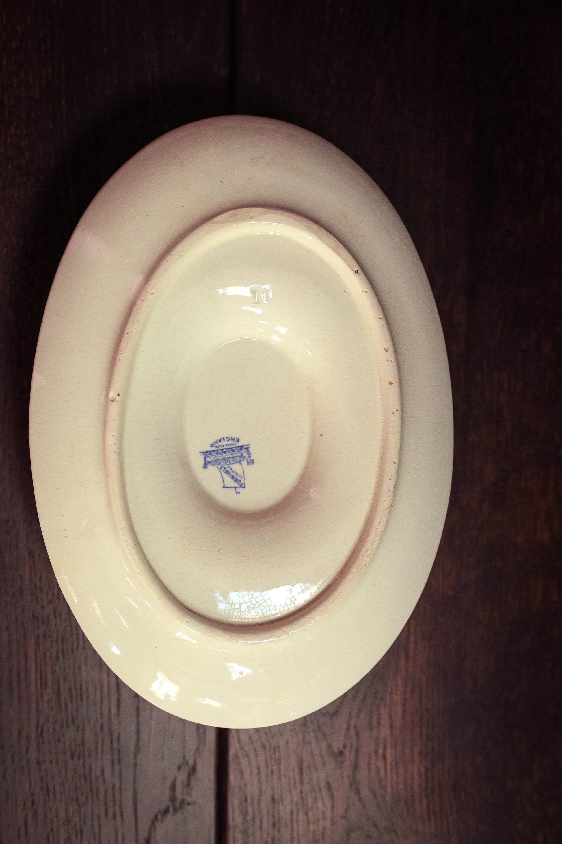 Blue Fluted Gravy Bowl with Attached Plate Furnival - Antique Blue White Ceramic Dishware