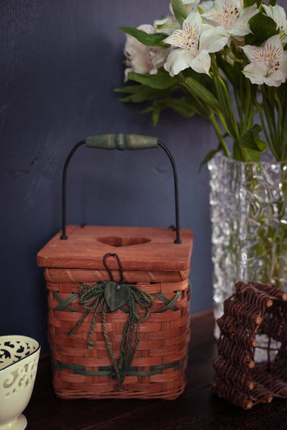 Wicker Rattan Tissue Basket with Heart Details and Handle - Small Lidded Basket with Green Accents & Handle