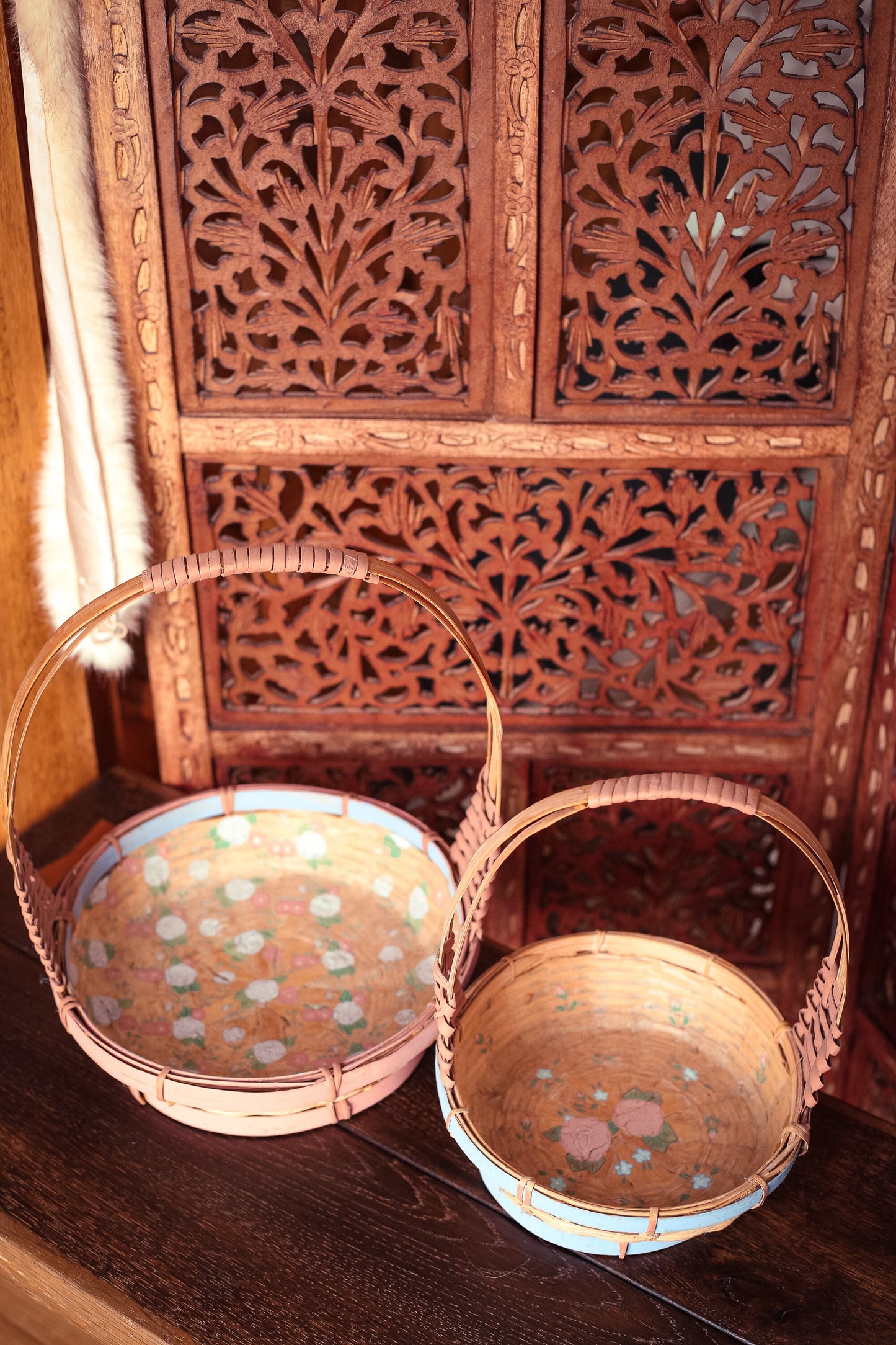 Hand Painted Pastel Set of 2 - Pair of Nesting Pastel Wicker/Rattan Floral Painted Baskets