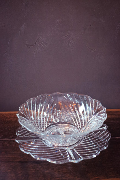 Crystal Glass Bowl and Under Plate Large- Matching Geometric Scallop Edge Leaded Glass Fruit Bowl & Platter