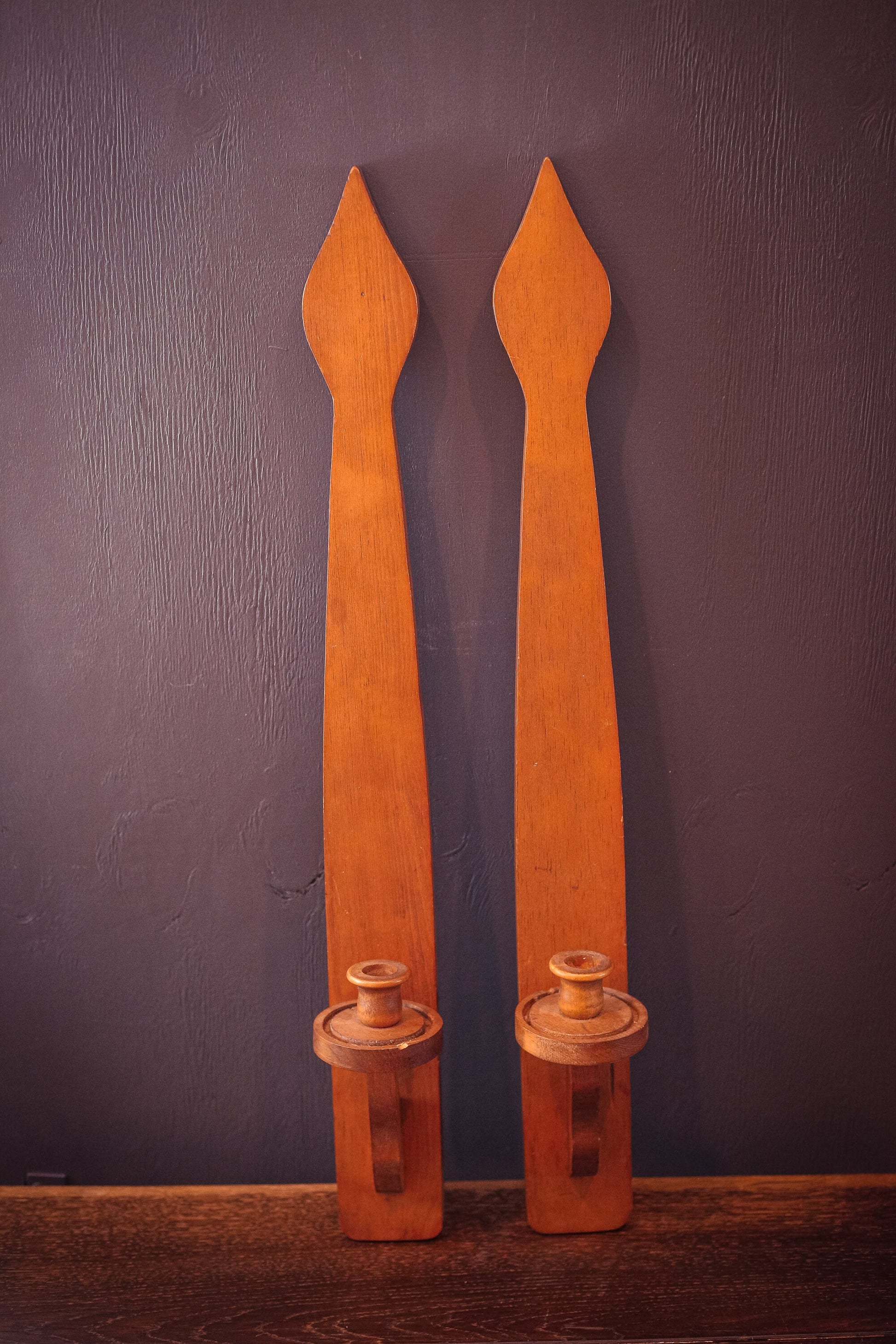 Very Tall Craftsman Style Wooden Wall Hanging Candle Holders - Vintage 30" Wood Candle Holder
