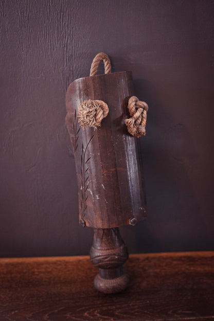Hand Carved Wood Pillar Candle Holder with Rope - Rustic Primitive Black Stained Wood Wall Hanging Candle Holder