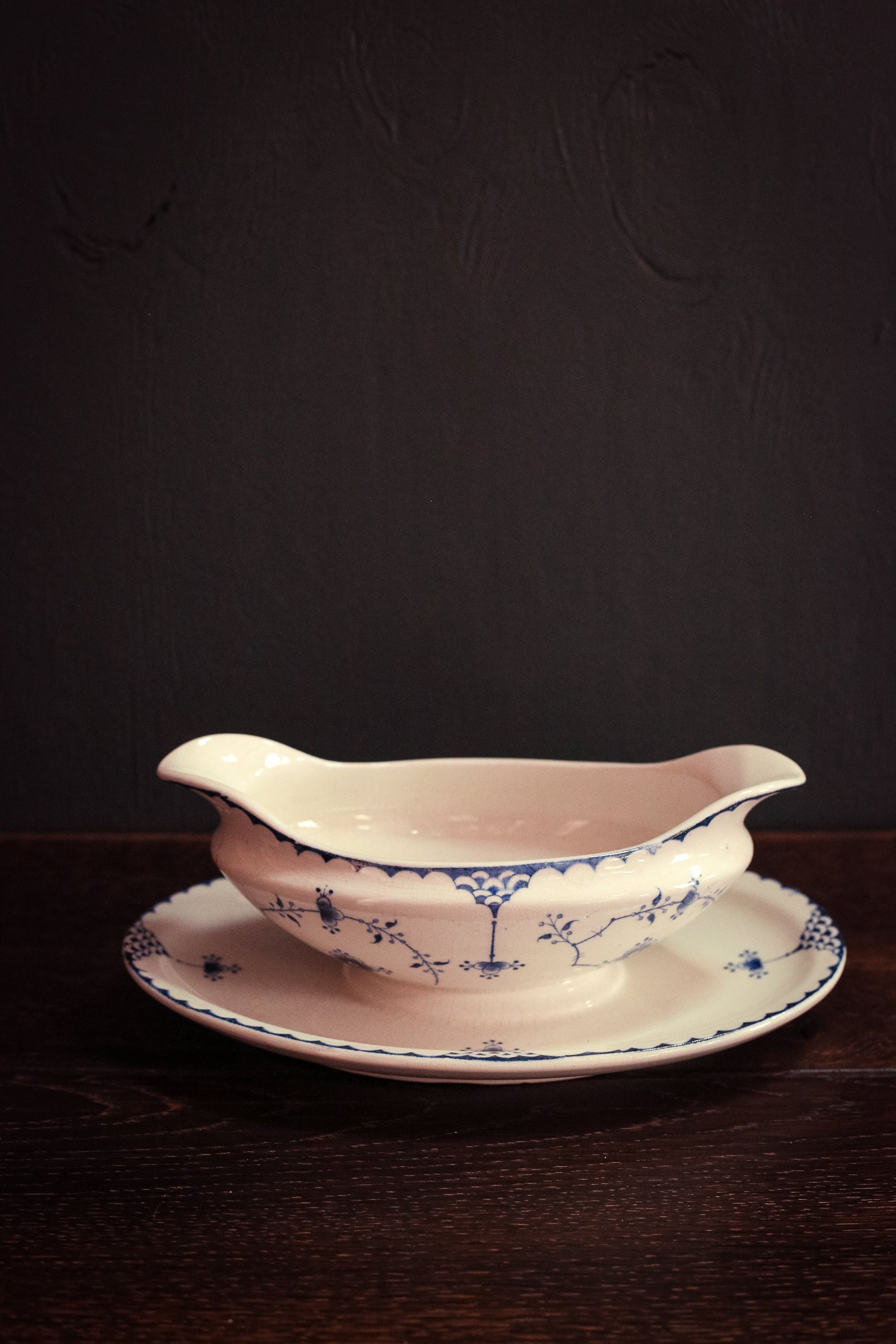 Blue Fluted Gravy Bowl with Attached Plate Furnival - Antique Blue White Ceramic Dishware