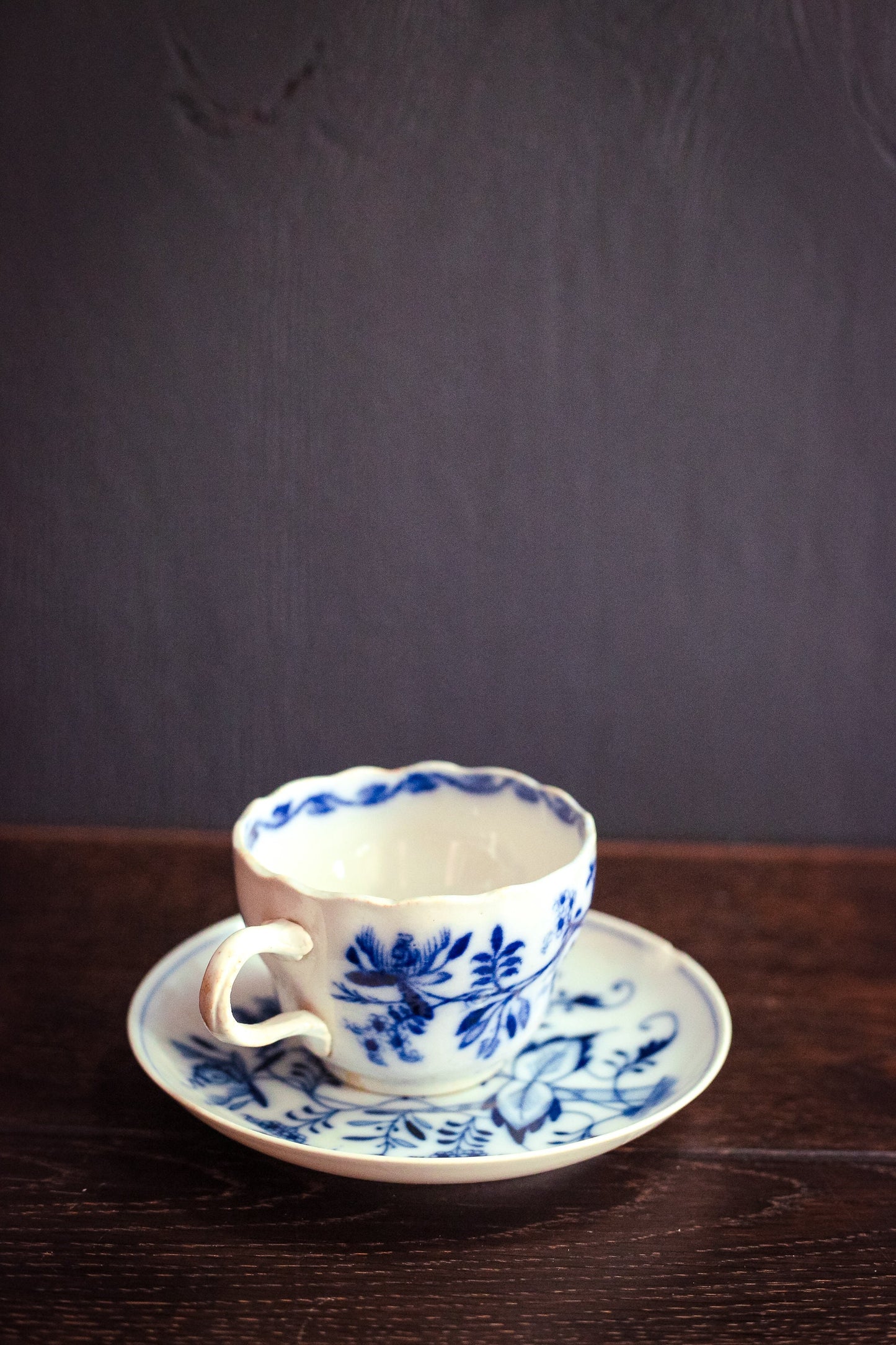 Antique Meissen Blue Onion Cup & Saucer - Germany Meissen Blue White Ceramic Tea Cup Saucer Oval Backstamp