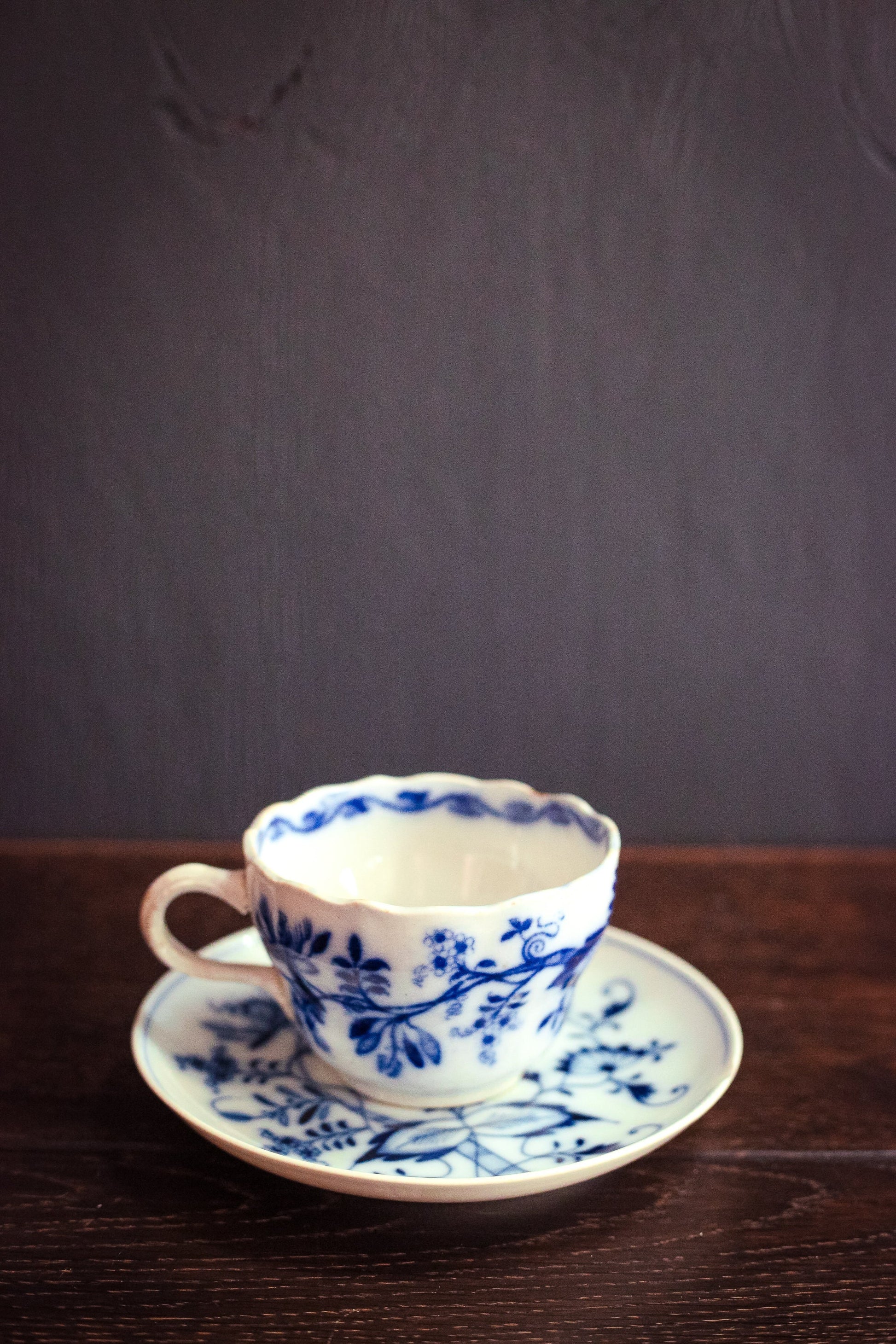 Antique Meissen Blue Onion Cup & Saucer - Germany Meissen Blue White Ceramic Tea Cup Saucer Oval Backstamp