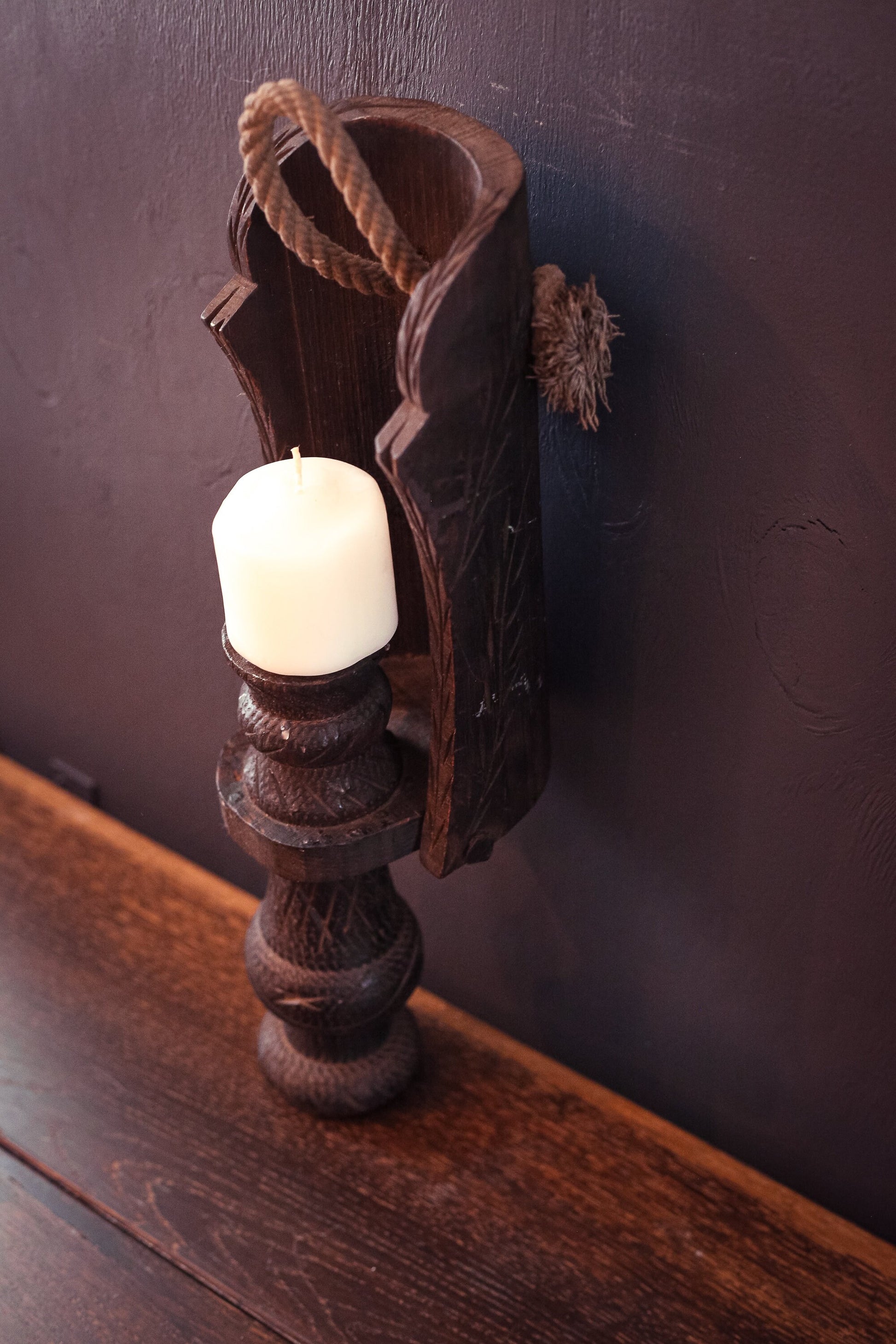 Hand Carved Wood Pillar Candle Holder with Rope - Rustic Primitive Black Stained Wood Wall Hanging Candle Holder